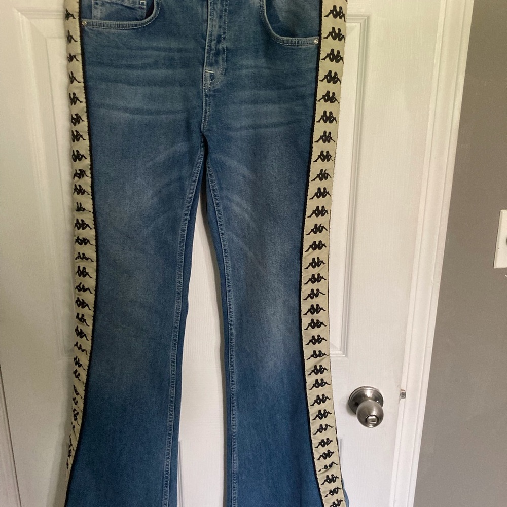 Kappa 222 Banda Bridget Logo Flared Wide Leg Jeans. Snap Button RARE. Size Large